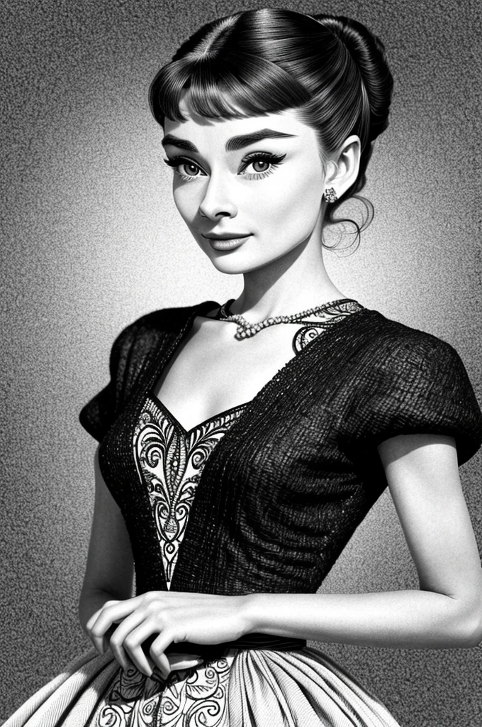 (isometric style, vibrant, beautiful, crisp, detailed, ultra detailed, intricate:1.2) AudreyHepburn, focus on eyes, close up on face, grinning, hair styled center-parted hair