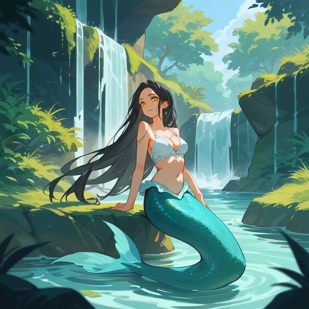 score_9, score_8_up, score_7_up, score_6_up, score_5_up, score_4_up, masterpiece, best quality BREAK 1girl、mermaid, black hair, golden eyes, waterfall, summer, blue、bubble