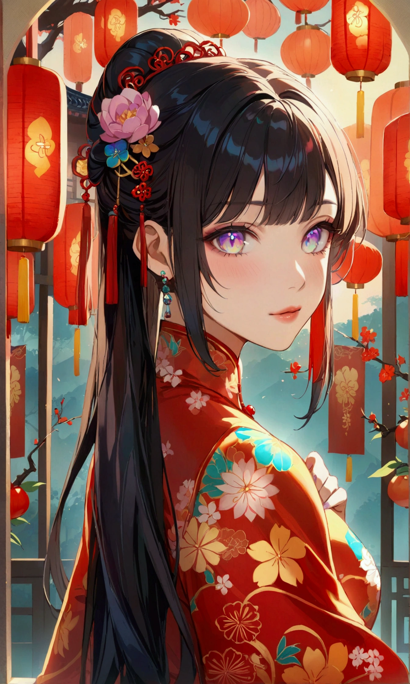 1girl,long dark hair,iridescent eyes,aesthetic built,cheongsam,best quality,4k