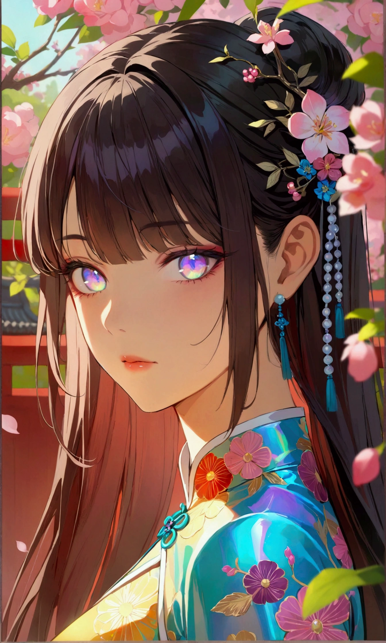 1girl,long dark hair,iridescent eyes,aesthetic built,cheongsam,best quality,4k