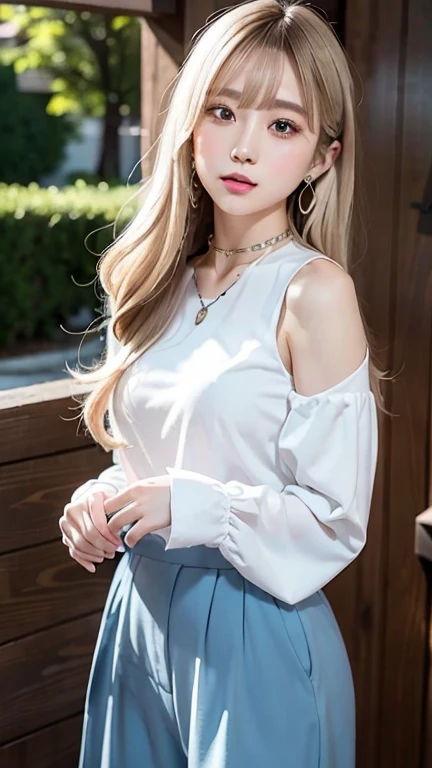 ((Puff sleeve peplum blouse、Denim pants (Black)))Extraordinary sexy beauty、beautiful, calm and bright look、Sexy and refreshing look、完璧なbeautifulcute顔、Very bright, Bright Blue Eyes、Long bangs between the eyes、Long platinum blonde straight hair、beautiful facial hair、とてもcute、beautifully、Sexy young tiny woman、非常に完璧なbeautifulcute顔、beautiful clear cute eyes、Real17歳女性、cute,((Small breasts))、(((Long white hair)))、(())、） And a very slim figure,,,,,、Very thin leganicules、Earrings、Pink Lip、choker、Real、Sexual、Highest quality、Detailed face、Detailed Background、Depth of written boundary、whole body viewing angle、Sexual、alone、night,Highest quality、High resolution、超High resolution（Real：1.4）Detailed eyes、Gradation、Perfect anatomical figure、Woman with perfect body、Highly detailed skin、非常にDetailed face、細部までbeautiful目、Background blur、