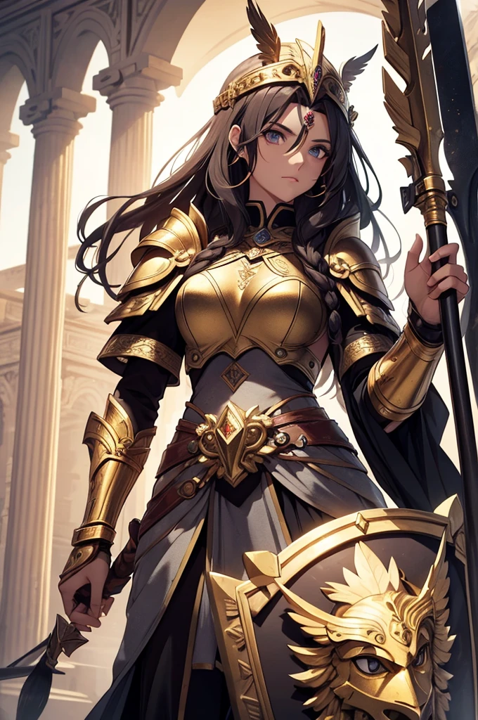 Athena has a majestic and imposing appearance, reflecting her nature as a warrior and wise goddess. She has long hair, often styled in a practical manner, often tied back or in a braid, dark brown in color. His eyes are steel gray, symbolizing clairvoyance and wisdom. She wears warrior clothing, often gold armor, with a golden helmet decorated with feathers and warrior motifs and is always accompanied by her shield and spear.