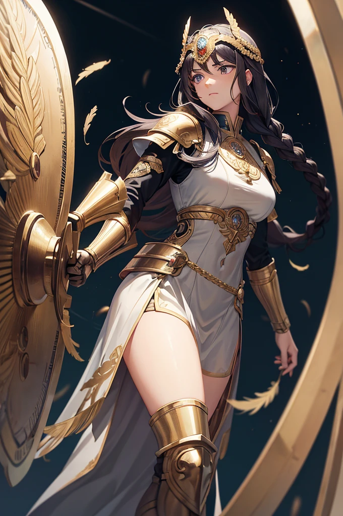 Athena has a majestic and imposing appearance, reflecting her nature as a warrior and wise goddess. She has long hair, often styled in a practical manner, often tied back or in a braid, dark brown in color. His eyes are steel gray, symbolizing clairvoyance and wisdom. She wears warrior clothing, often gold armor, with a golden helmet decorated with feathers and warrior motifs and is always accompanied by her shield and spear.
