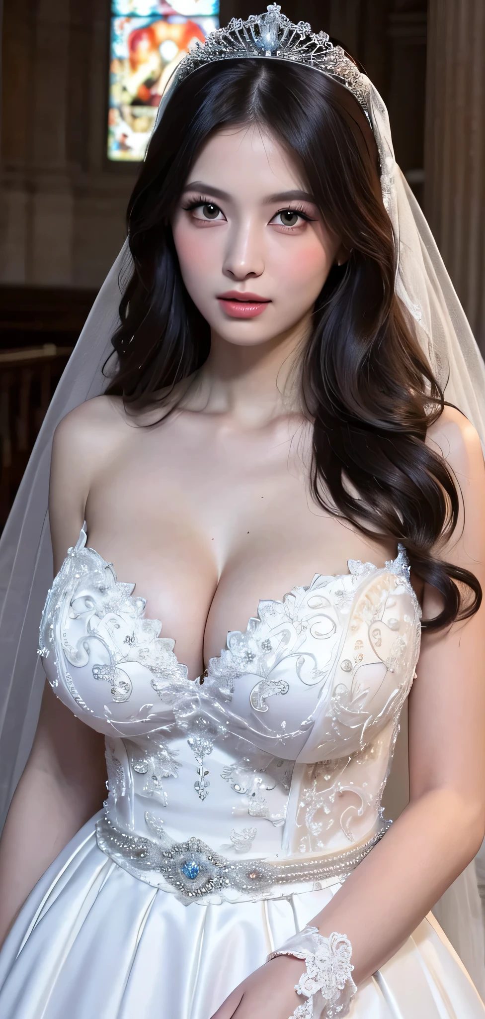 ((RAW images)),(Tabletop),(Highest quality, Realistic, In detail, High resolution, 8k wallpaper),(Super Detail),((Very delicate and beautiful)),Focus on the characters,Dynamic Angle,View your viewers,((alone)),Are standing,((whole body)),((A princess wearing a gorgeous ball gown wedding dress with a voluminous skirt)),((June Bride)),Detailed face and eyes,Jewel-like eyes,((Very long and voluminous hair)),Gorgeous embroidery and lace,((Gorgeous corsage)),See through,(Gorgeous Jewelry Ornaments),Luxury hair accessories,Gorgeous jeweled tiara,Gorgeous frills,((Big Breasts,Long chest)),indoor,Church wedding,((whole body)),Hoop skirt,crinoline,very long wedding veil,(((A mix of bejeweled wedding dresses and lavishly embroidered Rococo ball gowns))), (((Very large breasts bigger than a face)))