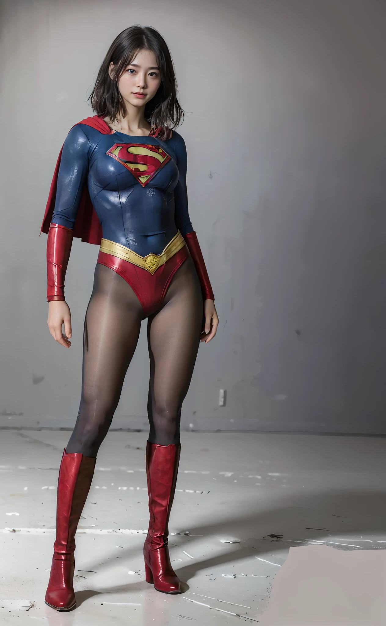 No background、(((Beautiful legs in black tights.)))、(((Legally express the beauty of your smile)))、((((Make the most of your original images)))、(((Supergirl Costume)))、(((Beautiful very short hair)))、(((suffering)))、(((Please wear black tights....、Wear red boots)))、((Best image quality、8k))、((Highest quality、8k、masterpiece:1.3))、(((Preserve background )))、Sharp focus:1.2、Beautiful woman with perfect figure:1.4、Slim Abs:1.2、Wet body:1.5、Highly detailed face and skin texture、8k