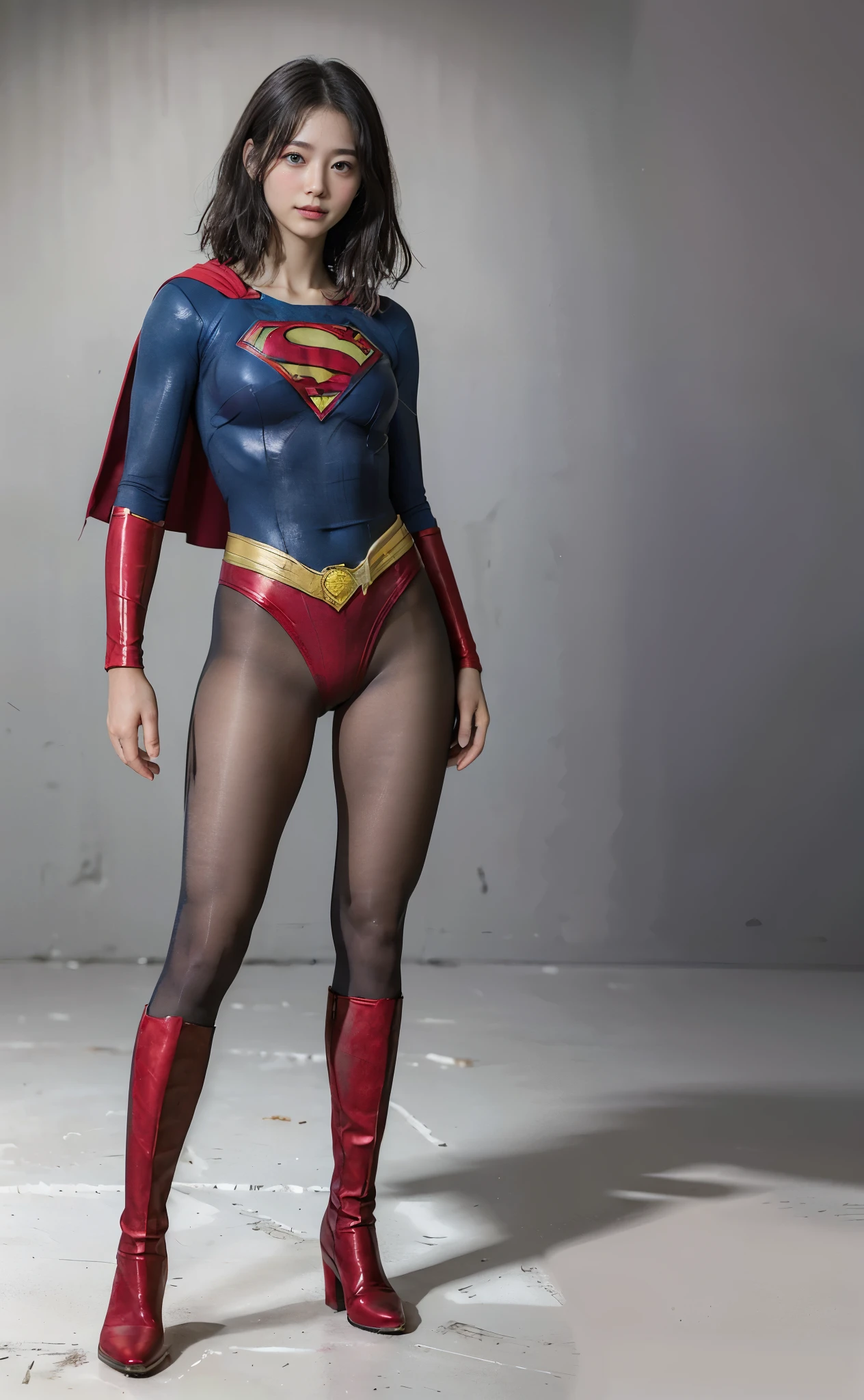 No background、(((Beautiful legs in black tights.)))、(((Legally express the beauty of your smile)))、((((Make the most of your original images)))、(((Supergirl Costume)))、(((Beautiful very short hair)))、(((suffering)))、(((Please wear black tights....、Wear red boots)))、((Best image quality、8k))、((Highest quality、8k、masterpiece:1.3))、(((Preserve background )))、Sharp focus:1.2、Beautiful woman with perfect figure:1.4、Slim Abs:1.2、Wet body:1.5、Highly detailed face and skin texture、8k