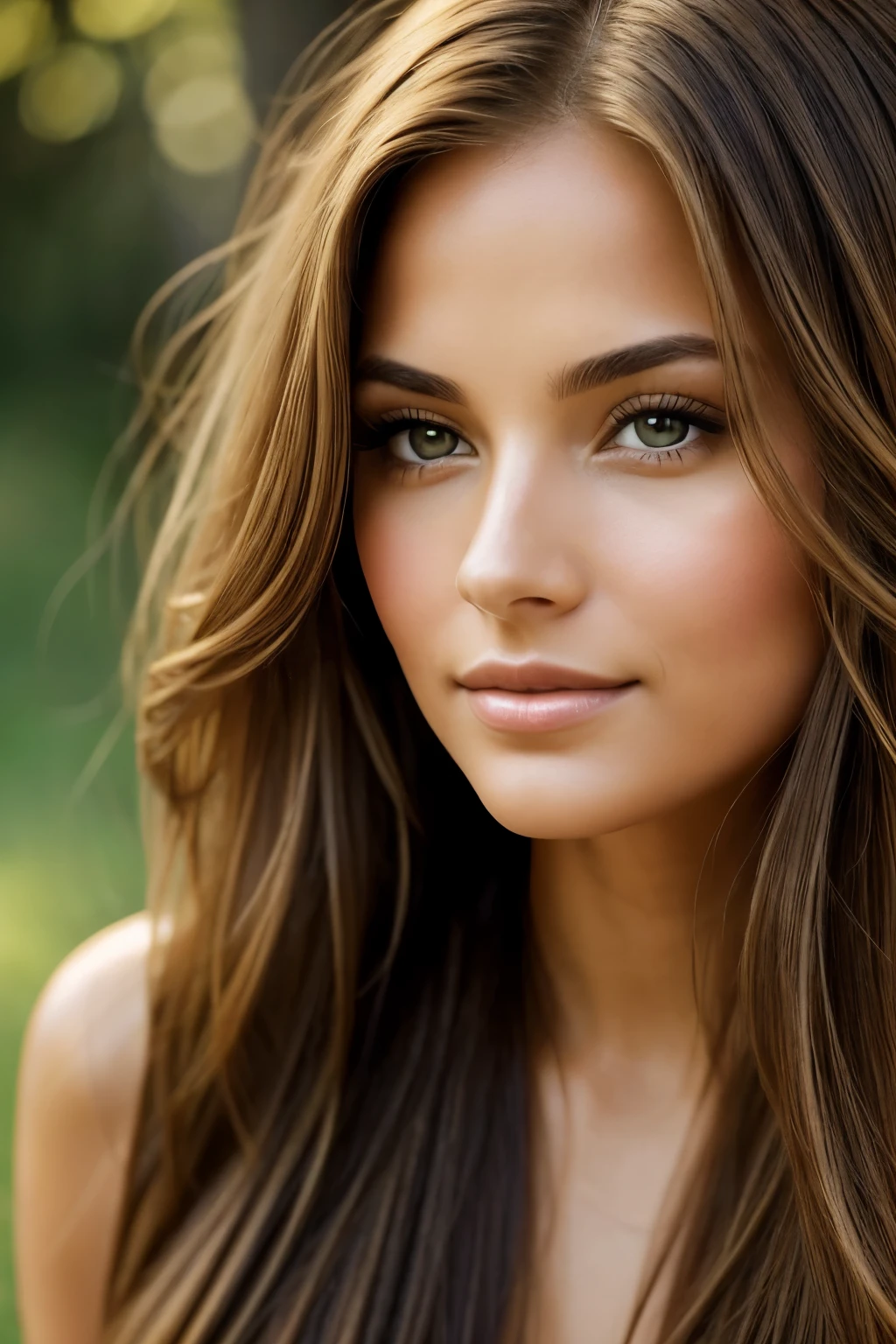 The image presents a stunningly beautiful woman with long, straight, light brown hair that shimmers like honey under the natural light. Her captivating honey-colored eyes sparkle with an inviting warmth, drawing the viewer in. The portrait is a candid one, capturing her in a moment of natural beauty and relaxation. The kodak portra 400 film provides a rich, warm tone, enhancing the natural radiance of her skin and hair. The composition is simple yet powerful, with the woman centered in the frame and the focus clearly on her. The lighting is soft and even, casting gentle shadows that accentuate her features. This is a truly enchanting and timeless portrait.