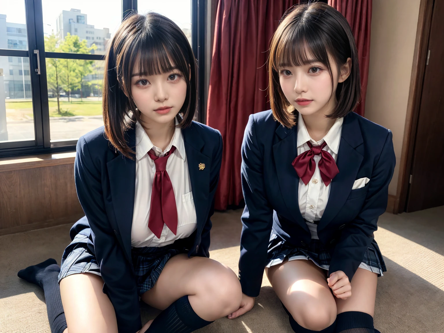(8K, Raw photography, top-quality, ​masterpiece:1.2), master piece, best quality, illustration, Super detailed, fine details, High resolution, 8K,wall paper, perfect dynamic composition,(Details High quality, realistic depiction of eyes:1.3), ((2 girls, 2 schoolgirls)), The background is a luxury hotel room、High school girl uniform、blazer 、Super Short Check Uniform Skirt、Navy blue high socks、garterbelts、Colossal tits、Disturbed uniform, Play with each other,Touching each other's bodies,Touching the body of the girl next door, short bob hair, black hair color, huge breasts, Big Natural Color Lip, bold sexy pose, (perfect body shape), crying a little、cold gaze,  Beautiful makeup,glitter makeup,Cutest 18 years old, beautiful legs, hposing Gravure Idol, Voluptuous thighs