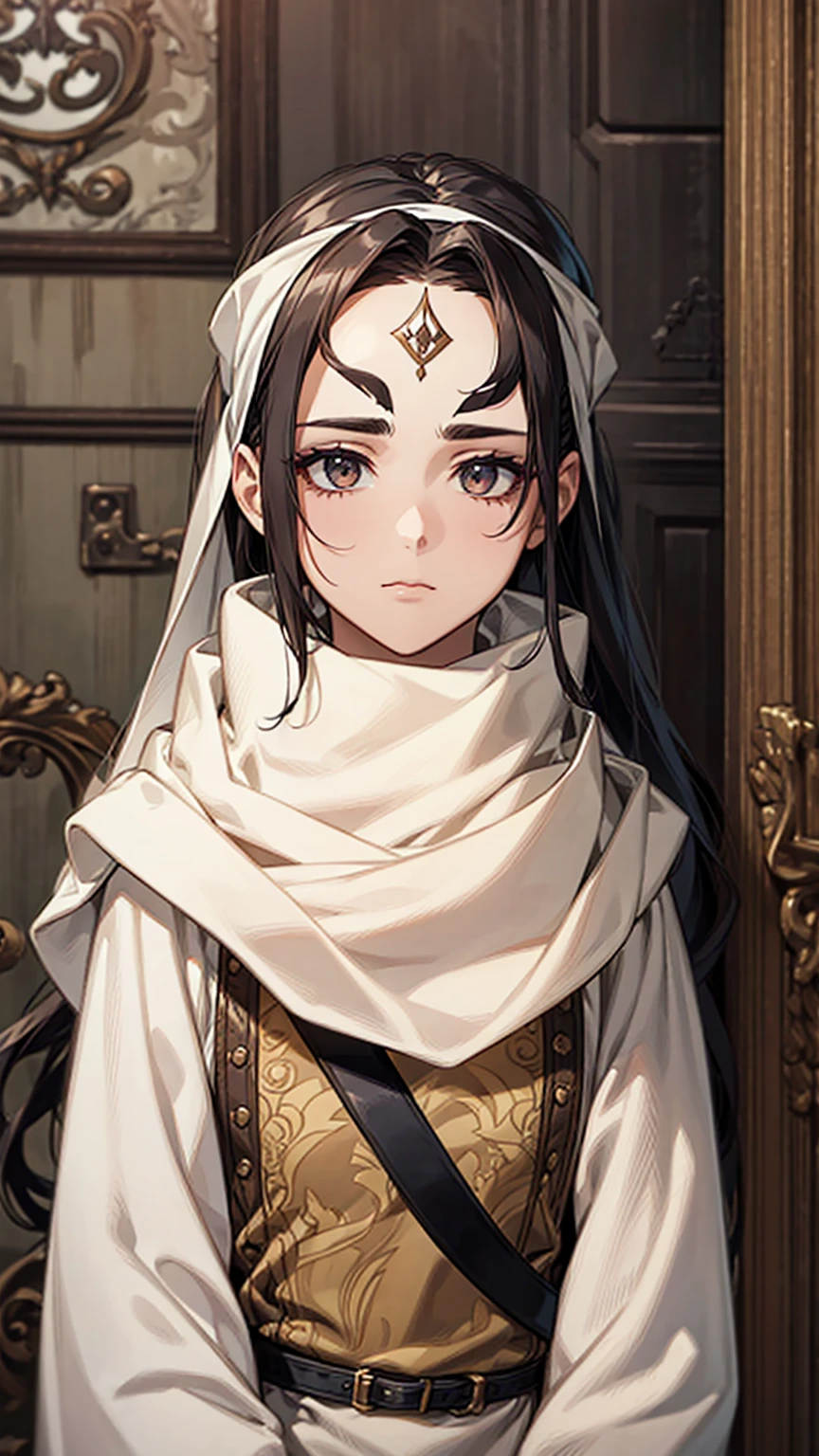 A woman with long hair, wearing a cowl and a headband on her forehead, standing in a small room, guarding and protecting the area, watching intently, with a sword on her back, detailed art work