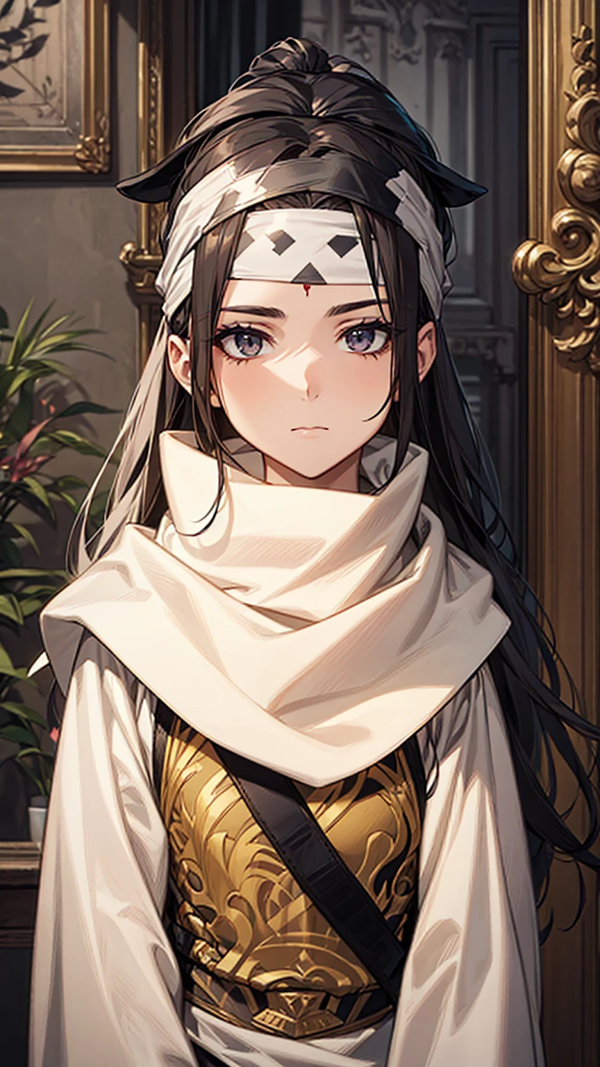 A woman with long hair, wearing a cowl and a headband on her forehead, standing in a small room, guarding and protecting the area, watching intently, with a sword on her back, detailed art work
