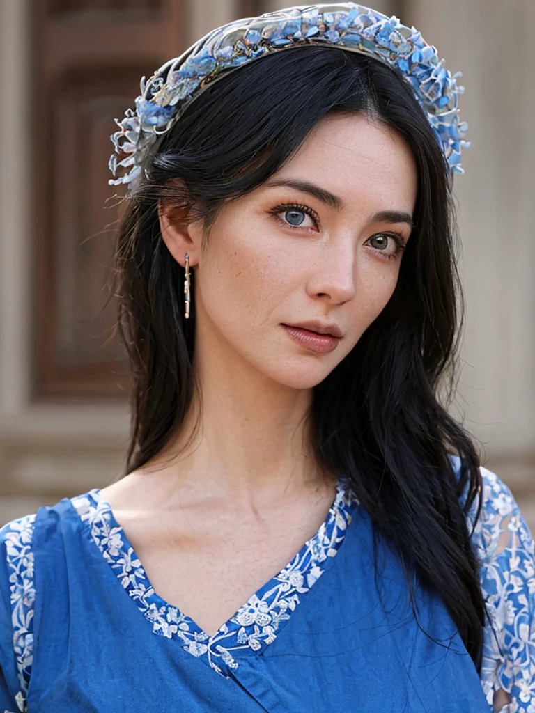 Black hair, blue eyes, delicate facial features, Woman 37 years old, full lips, commoner, peasant, tradeswoman