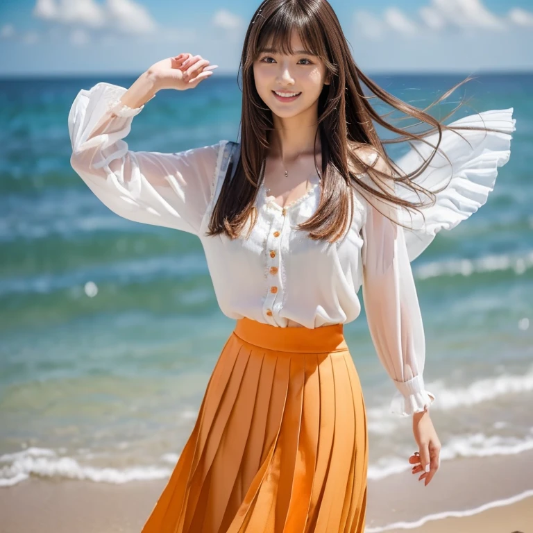 (Calm and gentle look:1.8), (Full Body Shot:1.3), (panorama:1.8), Cinema Lighting, ((Highest quality)), (RAW Photos, Highest quality), ( Realistic:1.4), realism, masterpiece, Very delicate and beautiful, Very detailed, 4K wallpaper, wonderful, finely, Very detailed CG unity 8k wallpaper, Very detailed, High resolution, Soft Light, Japanese, (one shot:1.9), (22 years old:1.6), (Round face:1.2), (Fat:0.8), (A neat and clean woman:1.5), Beautiful detailed woman,Famous Japanese actresses, Detailed face, finelyて美しい目, Very detailedな目と顔, Beautiful eyes and a beautifully detailed nose, Ultra HD glossy lips, (Straight Hair:1.4), Shiny Hair, Shiny Hair, Brown Hair, (bangs:1.4), Long, slender legs, Toned body, (Smiling:1.4), Natural Makeup, (LET IT PASS, white, Intricately decorated blouse:1.3), (LET IT PASS, floral pattern, Orange, Long skirt, Pleated skirt:1.5), (pumps:1.2), Accentuate your body lines, (Strolling along the beach:1.2), (Sandals:1.3), (Deep blue midsummer sky, cumulonimbus, The ocean with a wide horizon:1.3), (Her hair and skirt fluttering in the wind:1.5),