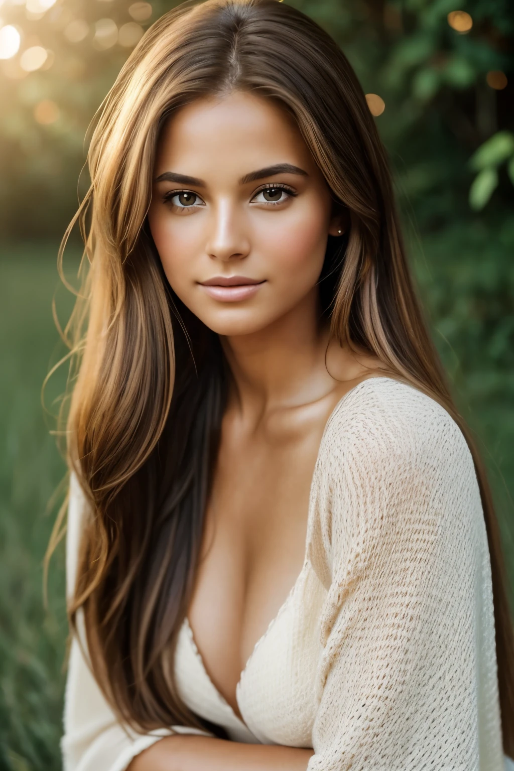 The image presents a stunningly beautiful woman with long, straight, light brown hair that shimmers like honey under the natural light. Her captivating honey-colored eyes sparkle with an inviting warmth, drawing the viewer in. The portrait is a candid one, capturing her in a moment of natural beauty and relaxation. The kodak portra 400 film provides a rich, warm tone, enhancing the natural radiance of her skin and hair. The composition is simple yet powerful, with the woman centered in the frame and the focus clearly on her. The lighting is soft and even, casting gentle shadows that accentuate her features. This is a truly enchanting and timeless portrait.