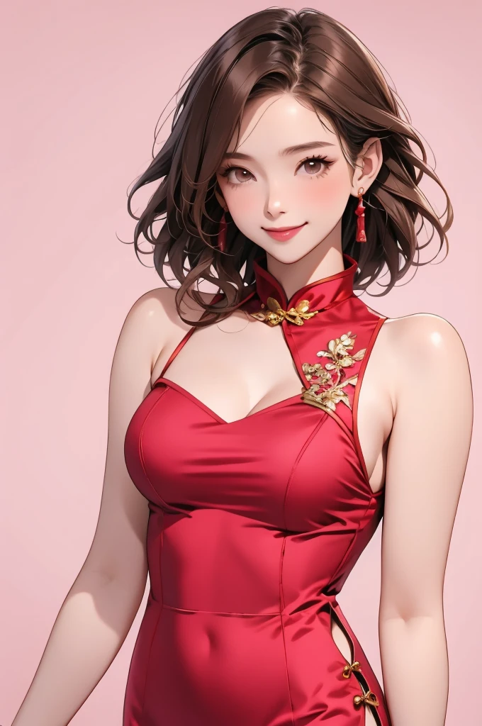 high resolution,smile,woman,woman1人,adult,cute,Brown Hair,Brown eyes,
Red Chinese Dress,Sleeveless cheongsam,whole body, BREAK Pink background,