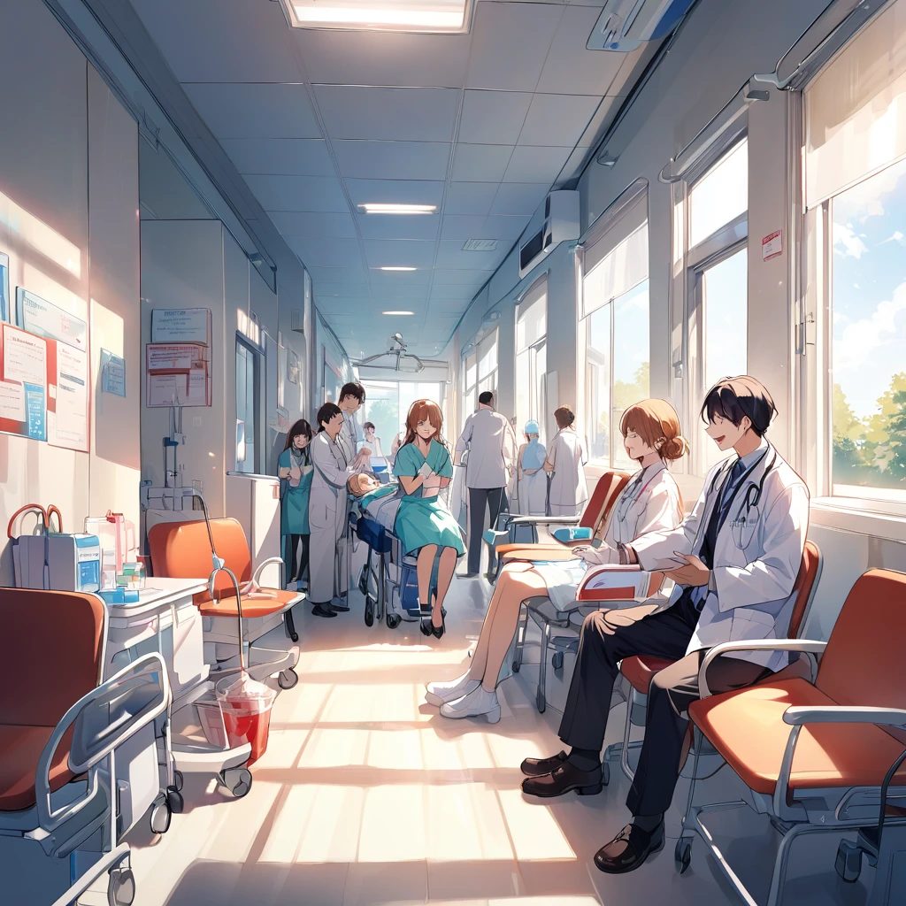 happy atmosphere，encourage，hospital，Donate blood，doctor，Sunlight，queue，Sit on a chair