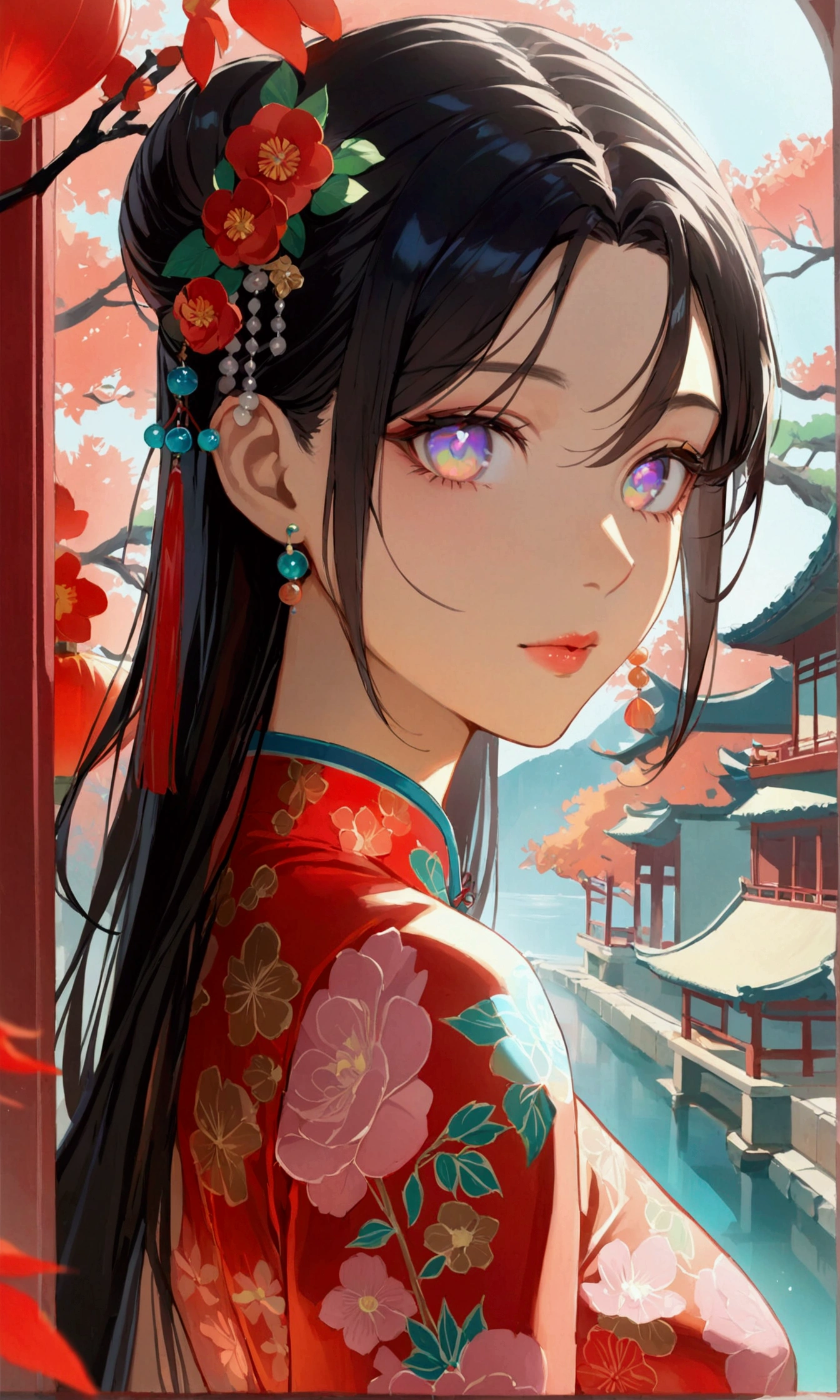 1girl,long dark hair,iridescent eyes,aesthetic built,cheongsam,longshot camera angle,best quality,4k