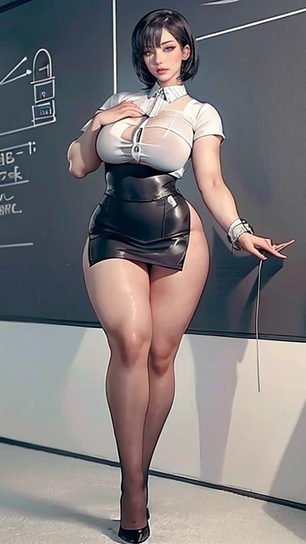 pregnant woman, Portrait of a 45 year old woman with long curly blonde hair, mature body, Mature teacher in the classroom, sexy smile, 8K, detailed background, surreal, realism, school classroom, NSFW, High Neck Teacher Uniform, Teacher's suit, skirt, showing whole body, whole body, big breasts, perfect breasts, View of the observer from above, performance, soft lighting, extreme details, long hair, gothic makeup, sensual figure, curvy model, Very voluptuous body, sensual body, plus size women, attractive plus size model, pregnant woman,