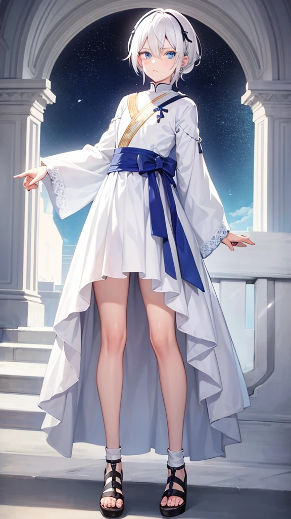 White hair, blue eyes, shota, boy, ear piercing, fair skin, full body
