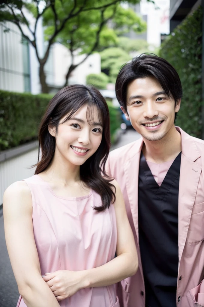 dentist　2 people　Harmony々　Wearing plain white scrubs Japanese Black hair Late 20s　Main upper body　smile　　Shooting outside　Tokyo　All white clothes