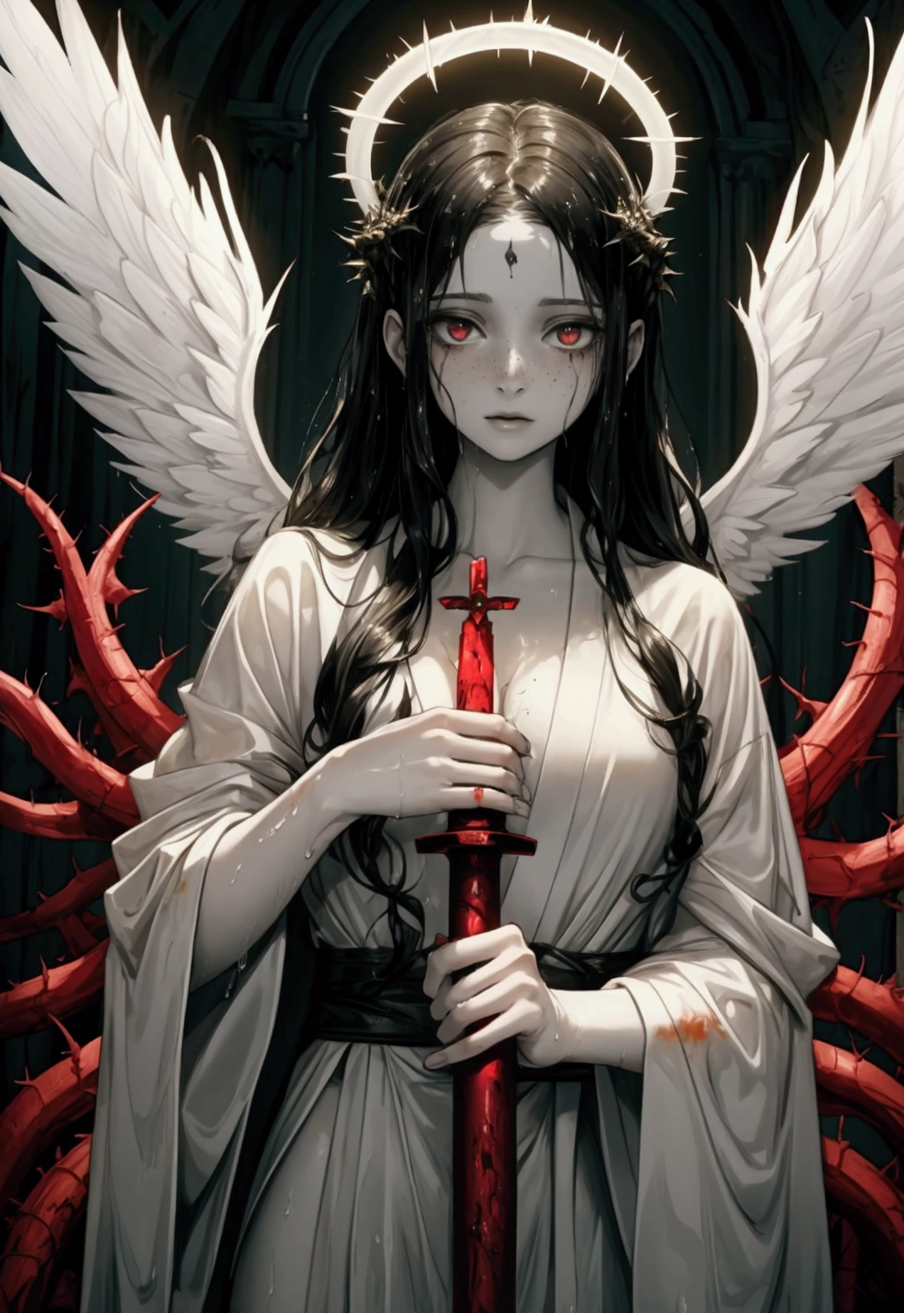 An angels girl, an apostate, she has two halos interwoven with thorns, the halos are a bright yellow light, she has log curly black hair, pale skin and freckles, she has white robes that almost look a little wet. Her halo shines brightly and her wings are white, but soaked in blood with red. She has a large knife in her hand.