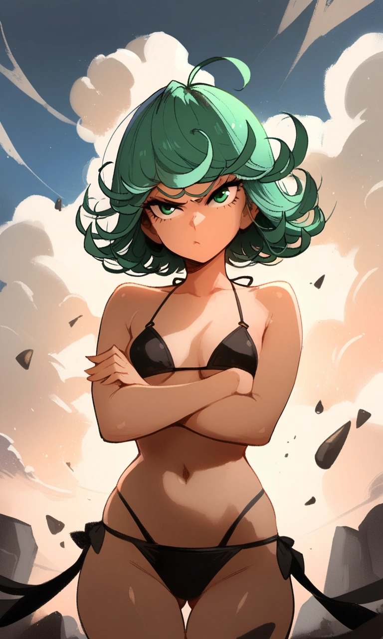 1girl, tatsumaki, one-punch man
\\\\\ masterpiece, best quality, newest ///// nyantcha, khyle, cutesexyrobutts \\\\\ thin waist, solo, bikini, sky, clouds, cropped legs, crossed arms, angry, mid-air, day, flying stones