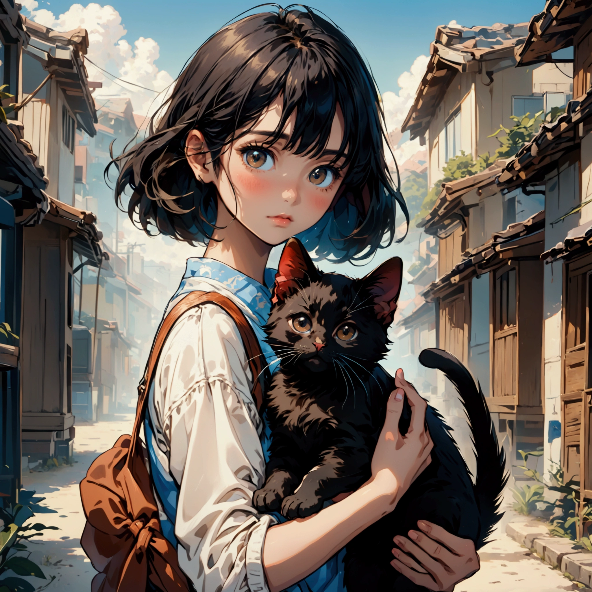 A girl,black hair,Big brown eyes,Blue sky background,Holding a black kitten in his hands,Close-up shot,high resolution,high quality,Cartoon anime style