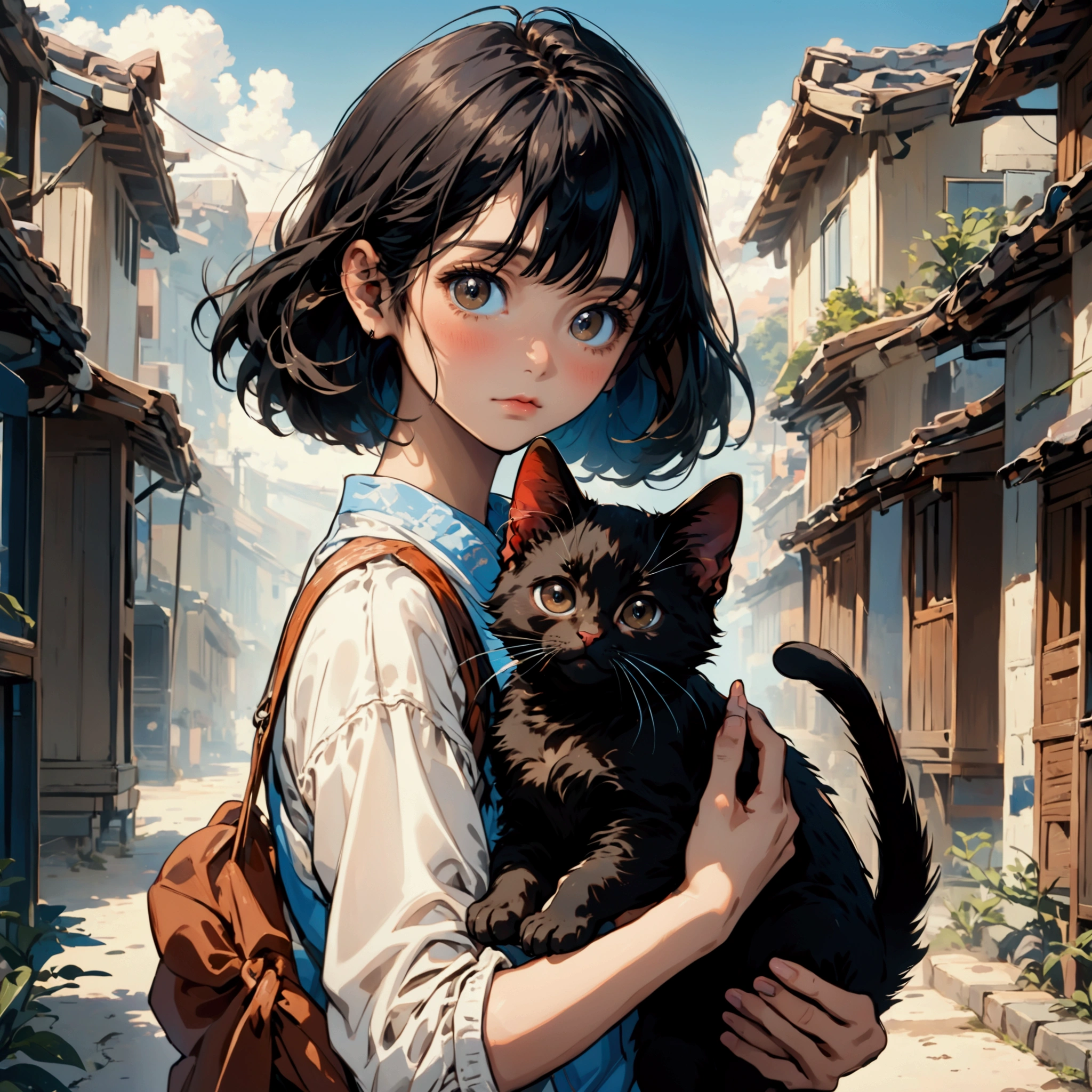 A girl,black hair,Big brown eyes,Blue sky background,Holding a black kitten in his hands,Close-up shot,high resolution,high quality,Cartoon anime style