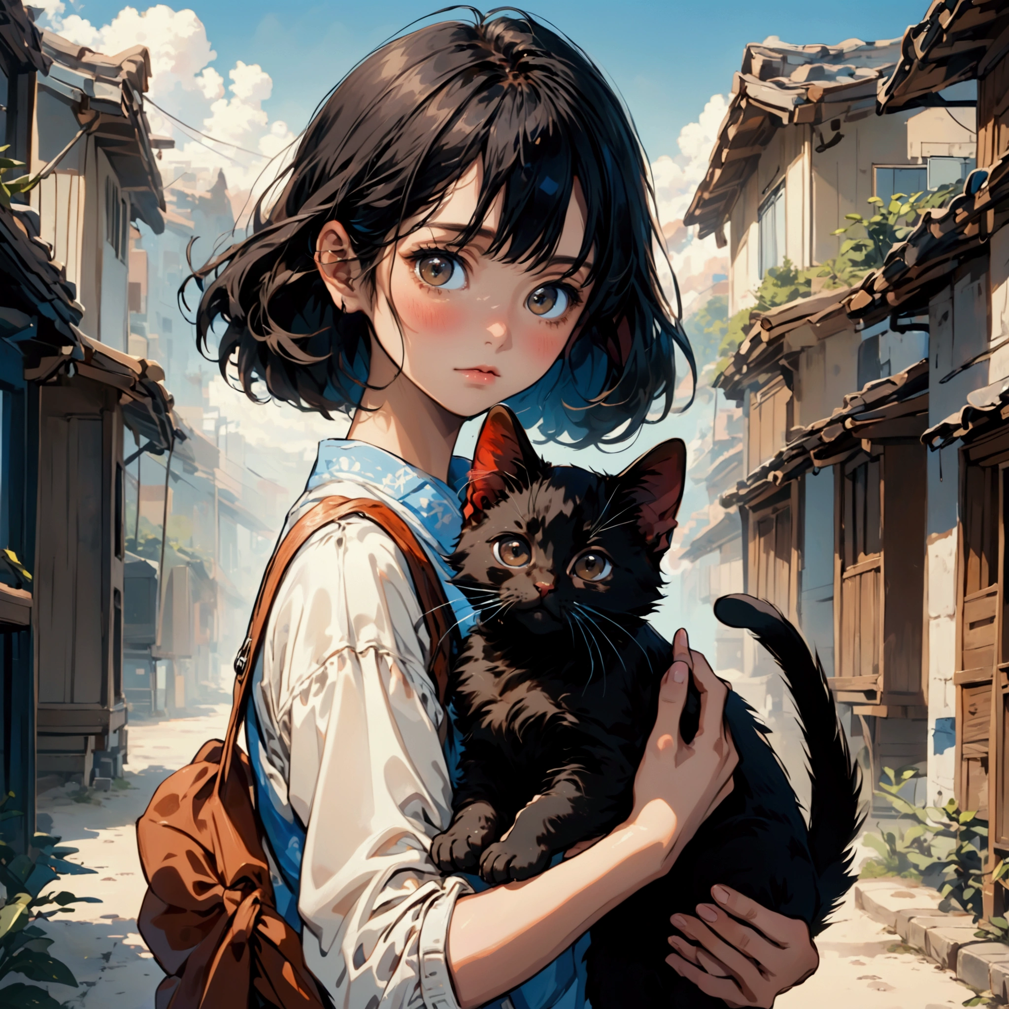 A girl，black hair，Big brown eyes，Blue sky background，Holding a black kitten in his hands，Close-up shot，high resolution，high quality，Cartoon anime style