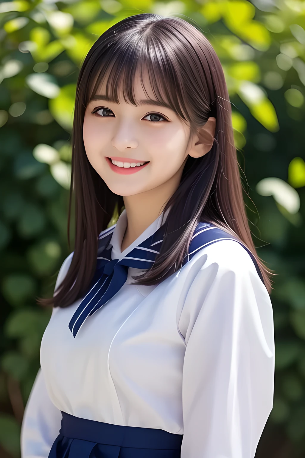 (highest quality, masterpiece, high resolution:1.2), 4K, (Photo quality detailed face: 1.2), geometry, yo beautiful girl, Laughing cutely, (neat girly white school blouse), (school ribbon on the breast), (navy Japanese school girly sailor uniform), (Beautiful amber cute girly eyes with detailed: 1.2)