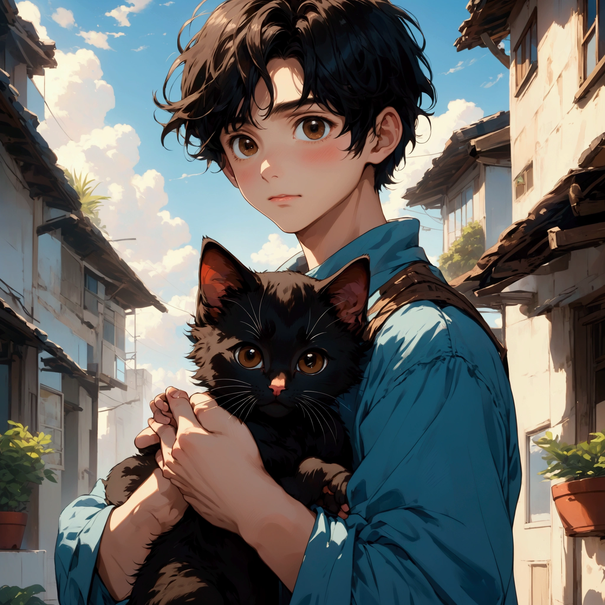 a boy,black hair,Big brown eyes,Blue sky background,Holding a black kitten in his hands,Close-up shot,high resolution,high quality,Cartoon anime style