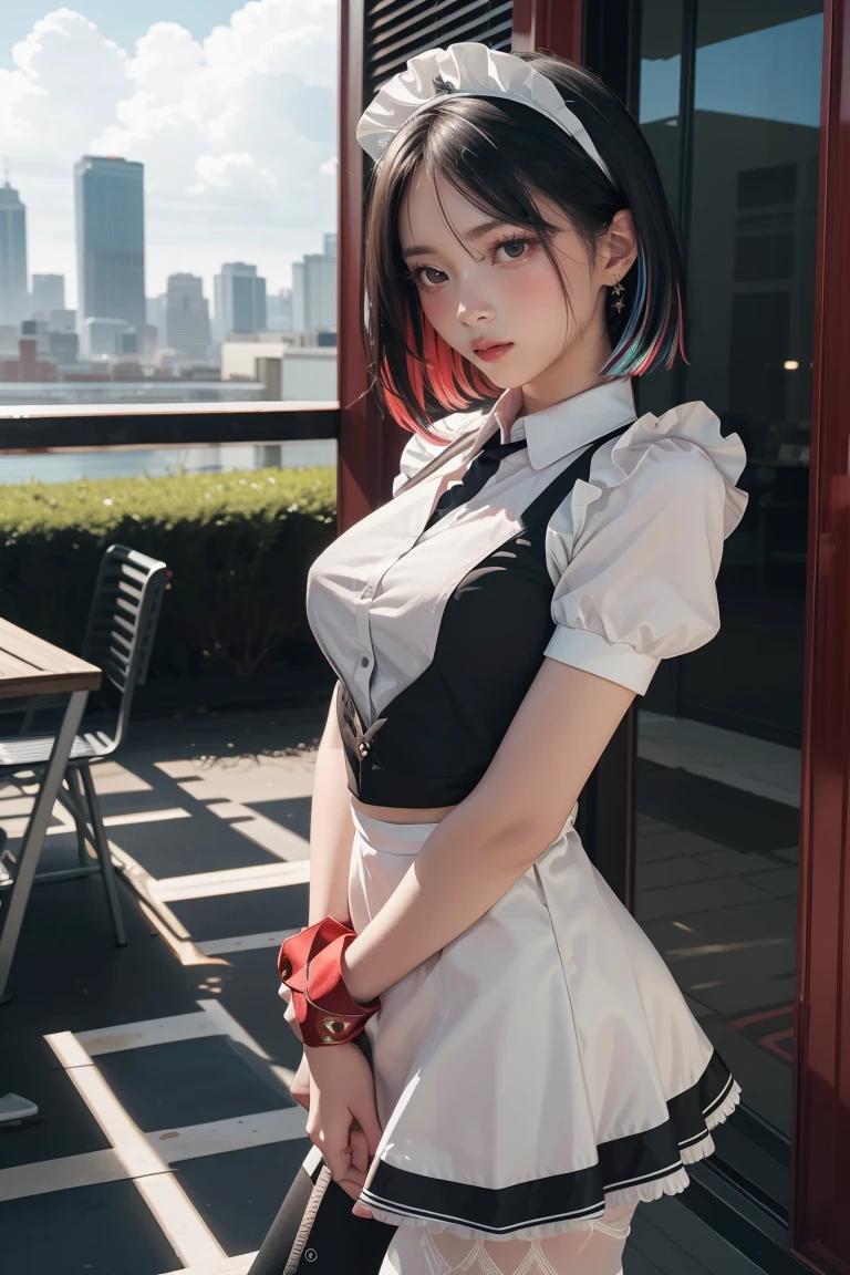 ellenjoe, ellen joe, black hair, colored inner hair, multicolored hair, (red eyes:1.3), red hair, short hair, two-tone hair,
BREAK bapron, black pantyhose, black shirt, black skirt, ear piercing, fins, fish tail, maid, maid apron, maid headdress, pantyhose, piercing, puffy short sleeves, puffy sleeves, shark girl, shark tail, shirt, short sleeves, skirt, tail, two-tone hair, wrist cuffs,
BREAK outdoors, city, sky, clouds, sun, park
BREAK looking at viewer, (cowboy shot:1.5),
BREAK (masterpiece:1.2), best quality, high resolution, unity 8k wallpaper, (illustration:0.8), (beautiful detailed eyes:1.6), extremely detailed face, perfect lighting, extremely detailed CG, (perfect hands, perfect anatomy),