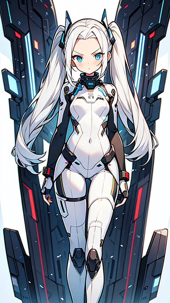 Superb anime illustration,
mechanical_white_body_suit,cute girl,Cyber knee-high boots,thigh gap,serious look,forehead,twintail hair,white hair,blue eyes,13yo and 120cm,