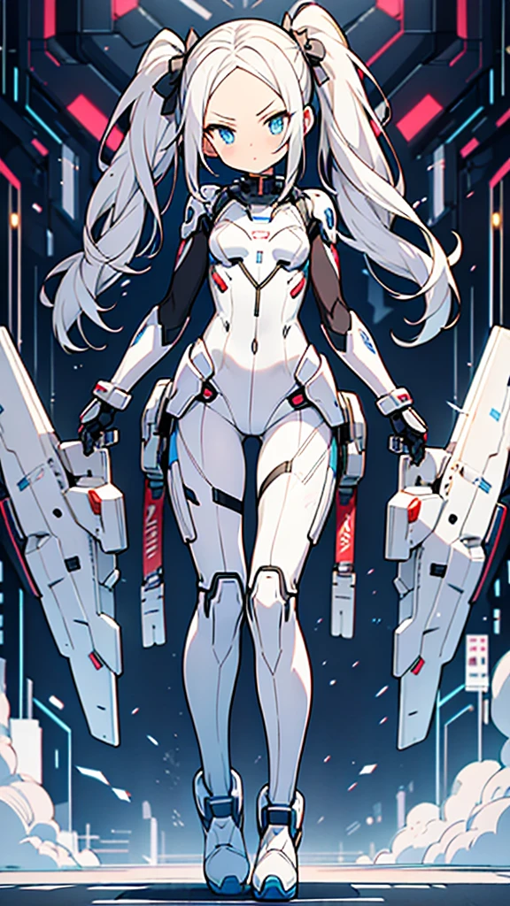 Superb anime illustration,
mechanical_white_body_suit,cute girl,Cyber knee-high boots,thigh gap,serious look,forehead,twintail hair,white hair,blue eyes,13yo and 120cm,