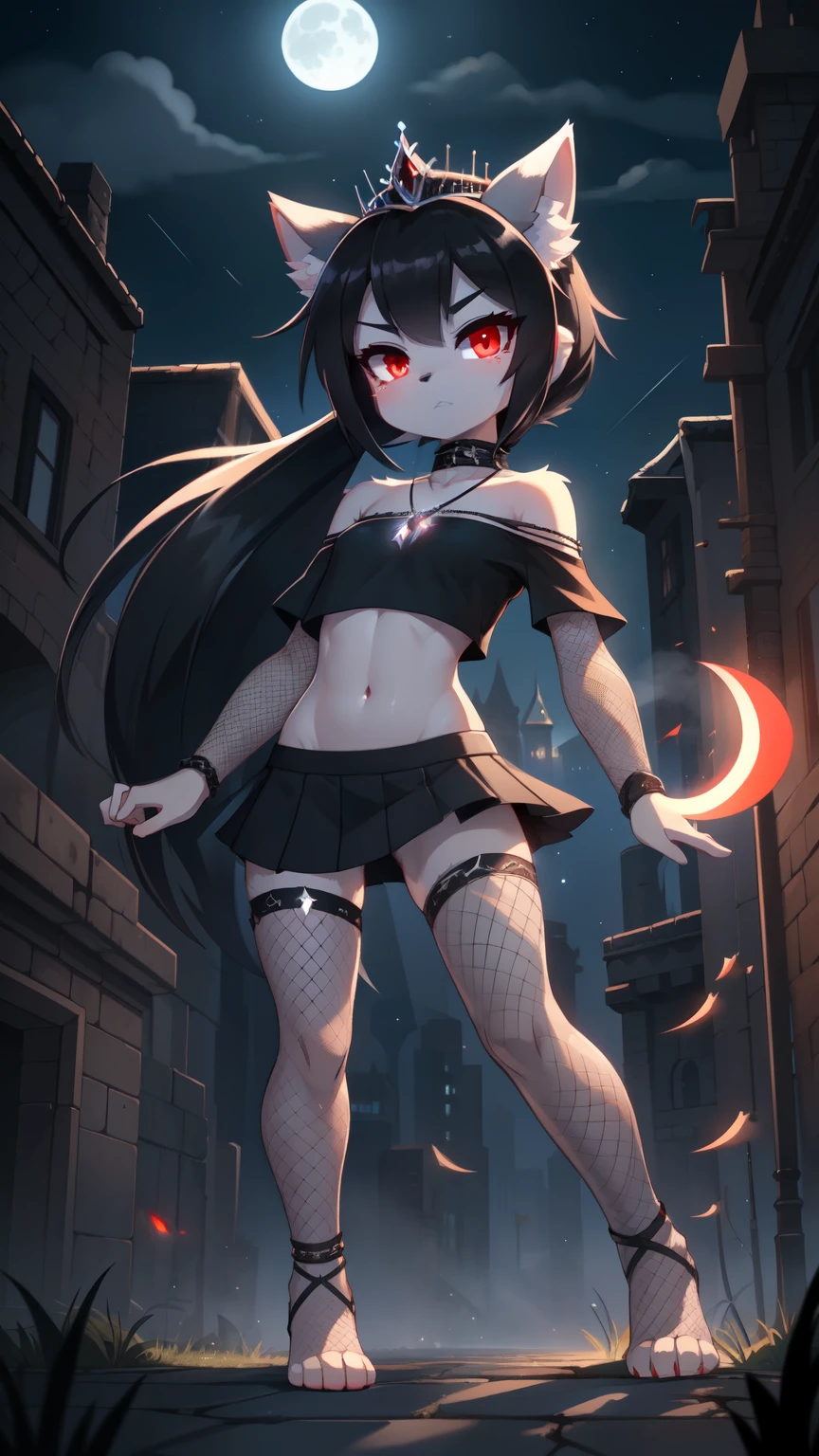 score_9,score_8_up,score_7_up, source_cartoon, source_furry, furry girl, wolf, black hair, emo hairstyle, huge long ponytail, anime style, small breasts, red eyes, (makeup, black eyeshadows), ((black shirt with bare shoulders, midriff, black mini skirt, fish net thights, star necklace, princess tiara)), high quality, detailed body, detailed eyes, detailed face, masterpiece, glistening body, detailed body fur, best quality, two tone body, gray body fur, clear gray body fur, perfect lighting, perfect shadows, perfect eyes, perfect hair, perfect face, gorgeous body, skinny, :3, glowing red eyes, dynamic action shot, thicker lines, solo, motion blur, midnight, dark gothic fantasy city, fog, moon, full body, feets with three toes, navel, standing,