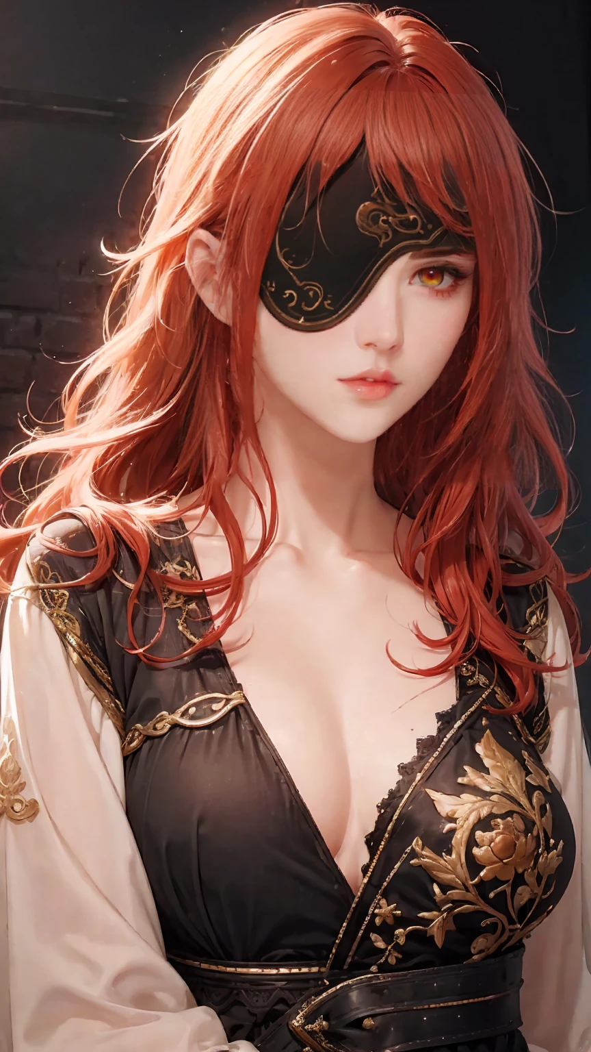 16K, Ultra High Definition, Super detailed, Shiny detailed hair, detailed face, fantasy landscape, solo, looking at viewer, full body shot, {{best quality}}, {{masterpiece}}, {{ultra-detailed}}, {detailed light}, ultra high quality eye, detailed eye, perfect eye, large eye, detailed red eye, ((eye patch)), beautiful lips, red hair, long hair, beautiful, skinny body, white skin, nsfw