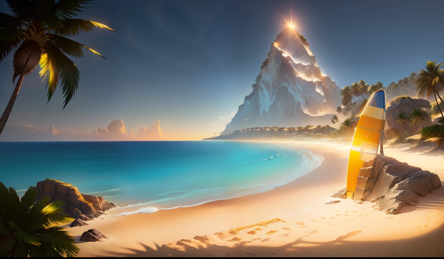 There is a surfboard on the beach，Beach with palm trees and rocks, Palm groves，Beach Background, golden sun, Magical Beach, sunny, Relaxation concept art, Sparkling sea, Diablo concept art，Beauty，HD