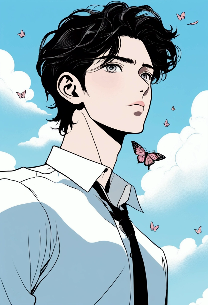A man with Korean hair manga, wearing a white shirt, with a butterfly flying to his nose, big eyes, cold white skin, thin body, close-up upper body, blue sky and white clouds in the background, minimalism, minimalist style, Japanese poster manga, Lines, Light Blue, Light Pink, Low Saturation, Light Color
