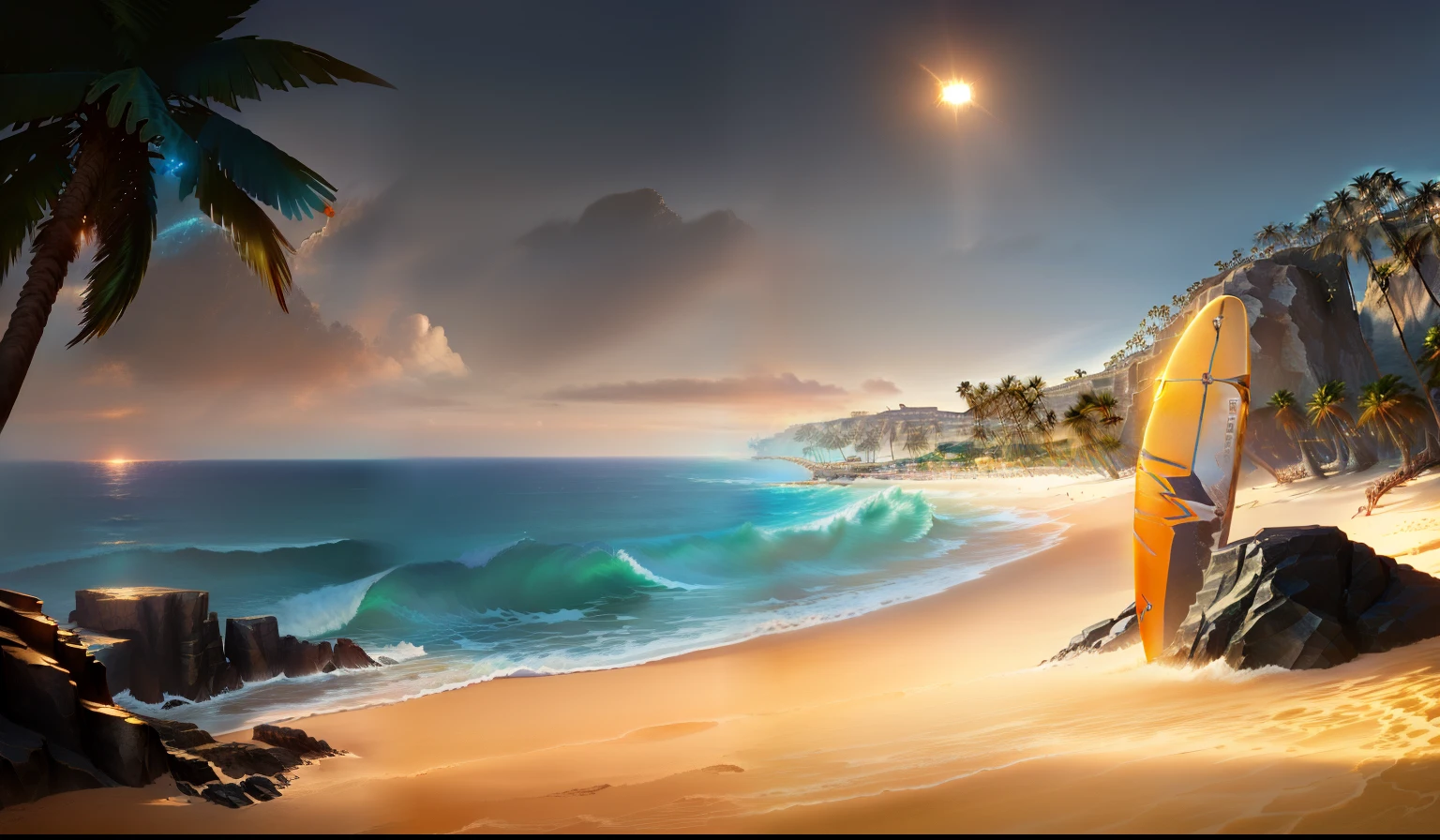 There is a surfboard on the beach，Beach with palm trees and rocks, Palm groves，Beach Background, golden sun, Magical Beach, sunny, Relaxation concept art, Sparkling sea, Diablo concept art，Beauty，HD