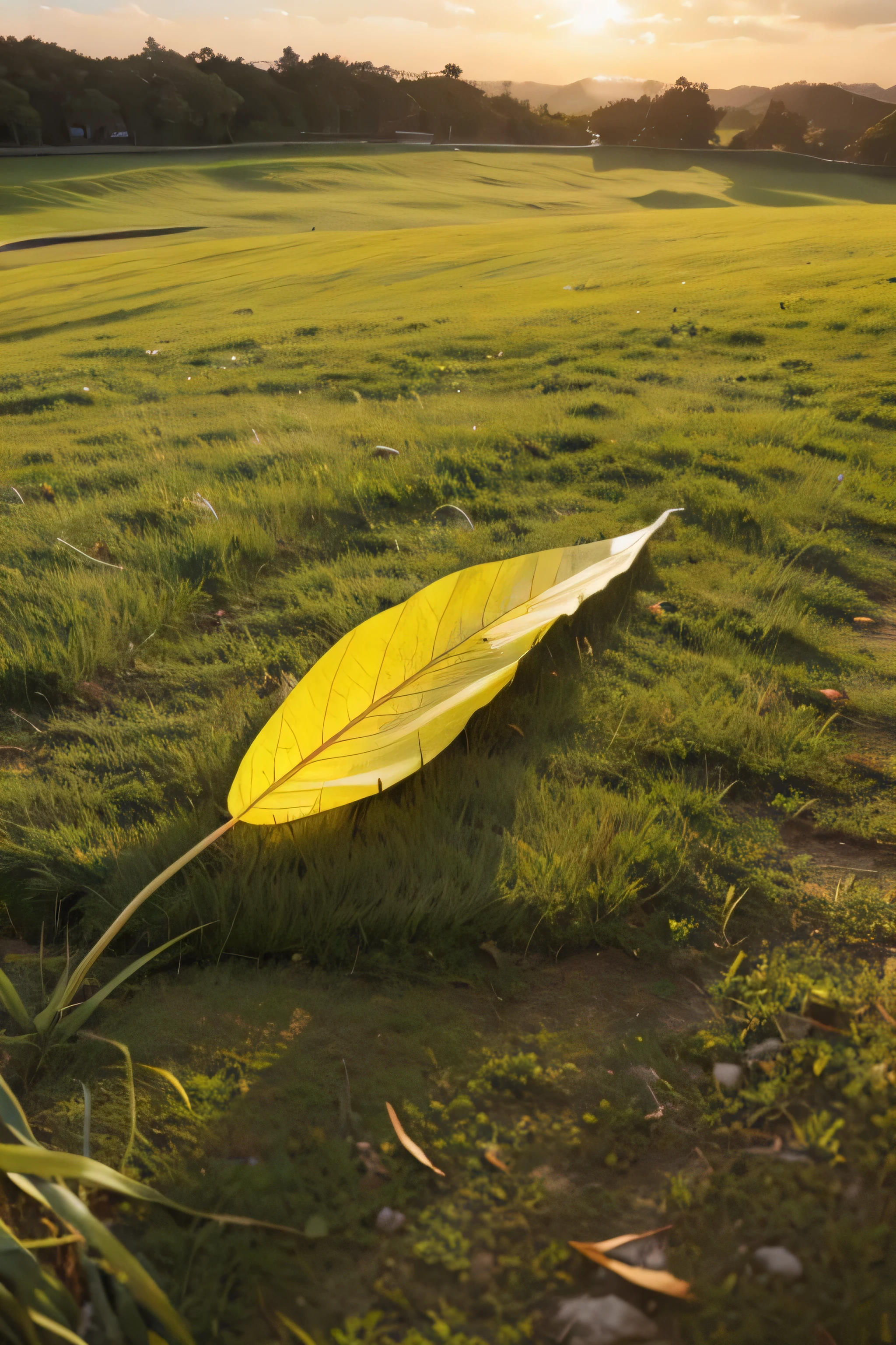 a fallen yellow leaf on a curved green grassland,golden air