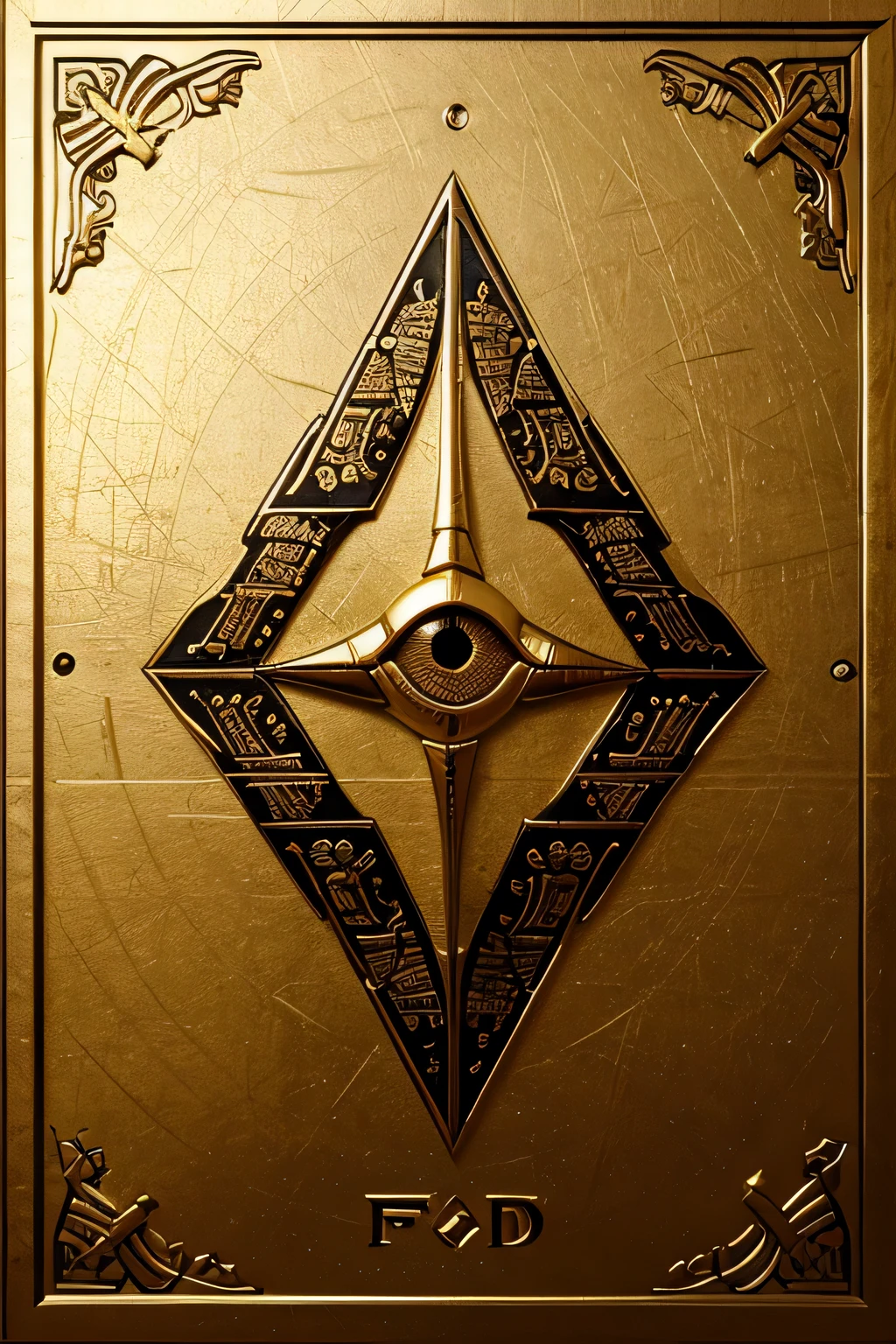 Design a logo with the letters ' FD ' in large, bold, gold font at the center. Surround the letters with detailed elements of ancient Egyptian mythology, such as the Eye of Horus, Ankh, and pyramids. Ensure that the ' FD ' letters are the most prominent part of the design, standing out clearly against the intricate and richly colored background that evokes the mysticism and grandeur of ancient Egypt