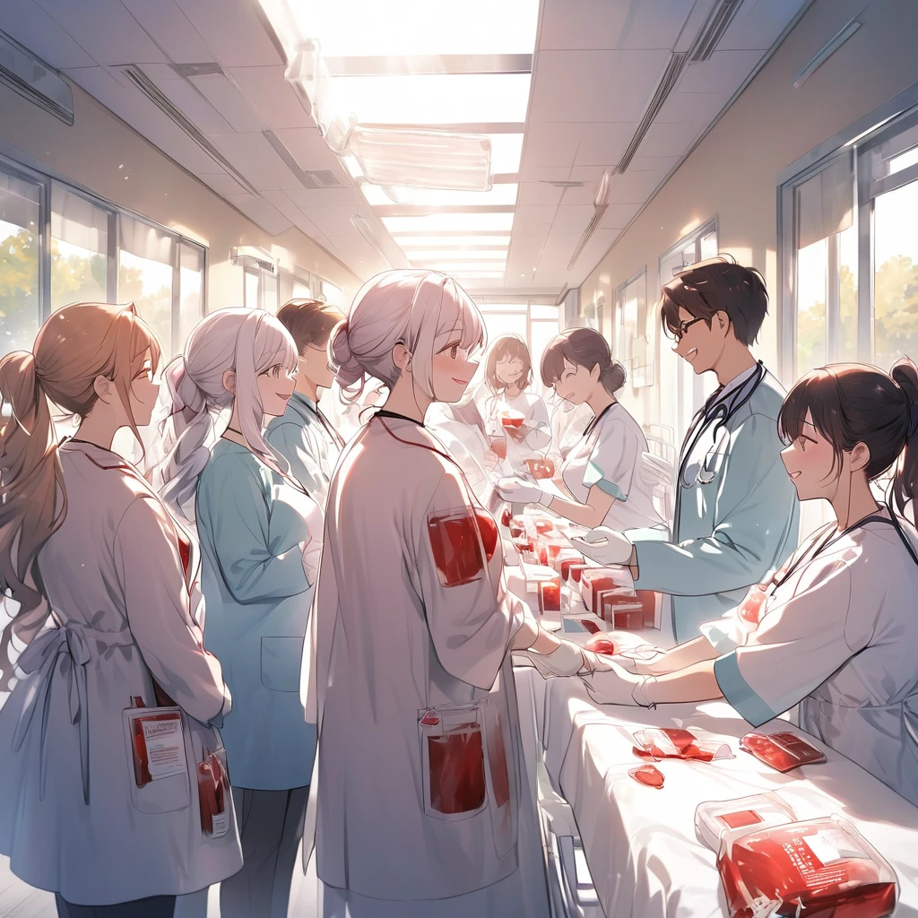 happy atmosphere,encourage,hospital,Donate blood,doctor,Sunlight,queue,Blood packs