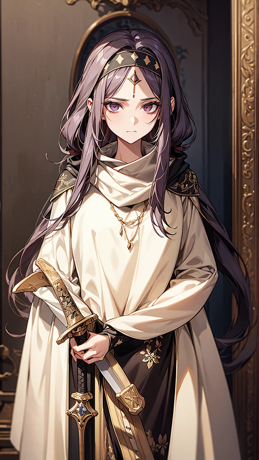 A woman with long hair, wearing a cowl and a headband on her forehead, standing in a small room, guarding and protecting the area, watching intently, with a sword on her back, detailed art work