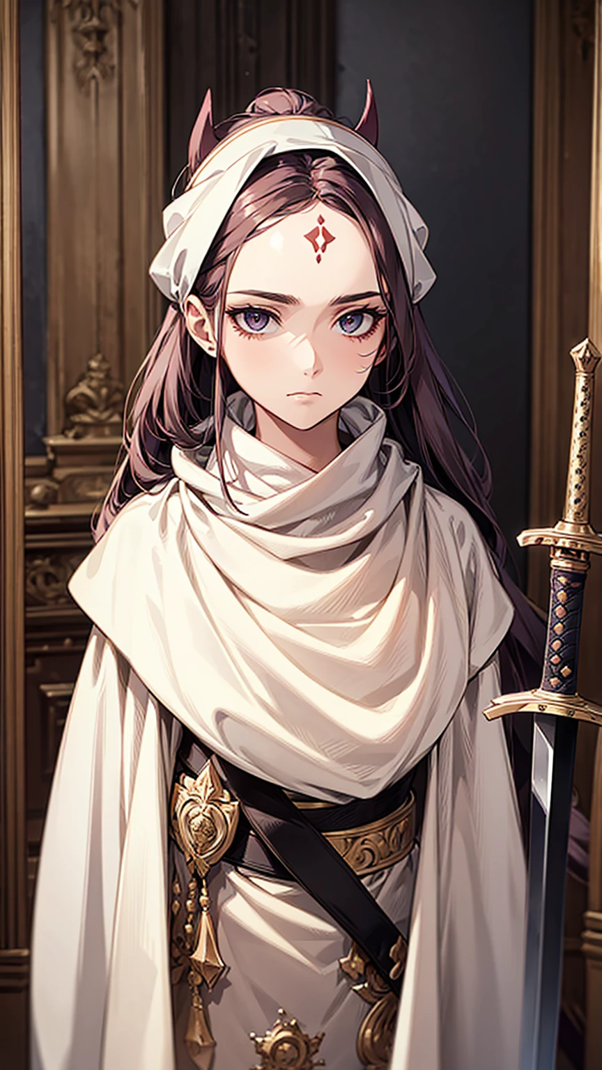 A woman with long hair, wearing a cowl and a headband on her forehead, standing in a small room, guarding and protecting the area, watching intently, with a sword on her back, detailed art work