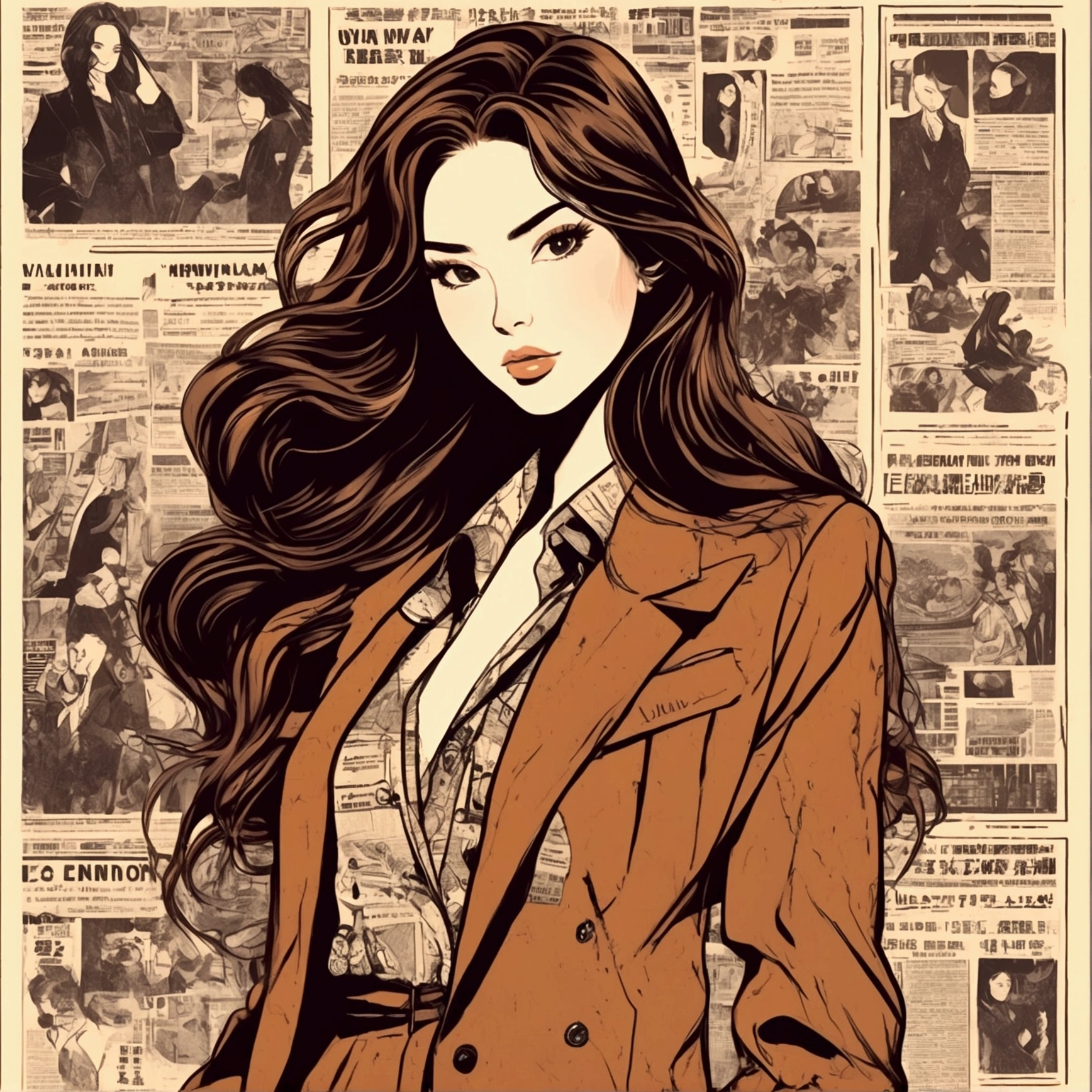 A beauty with long brown hair, beautiful face, female, cartoon illustration, close-up, wearing a retro trend suit jacket, the background is various newspapers and covers, retro grunge style, Japanese style