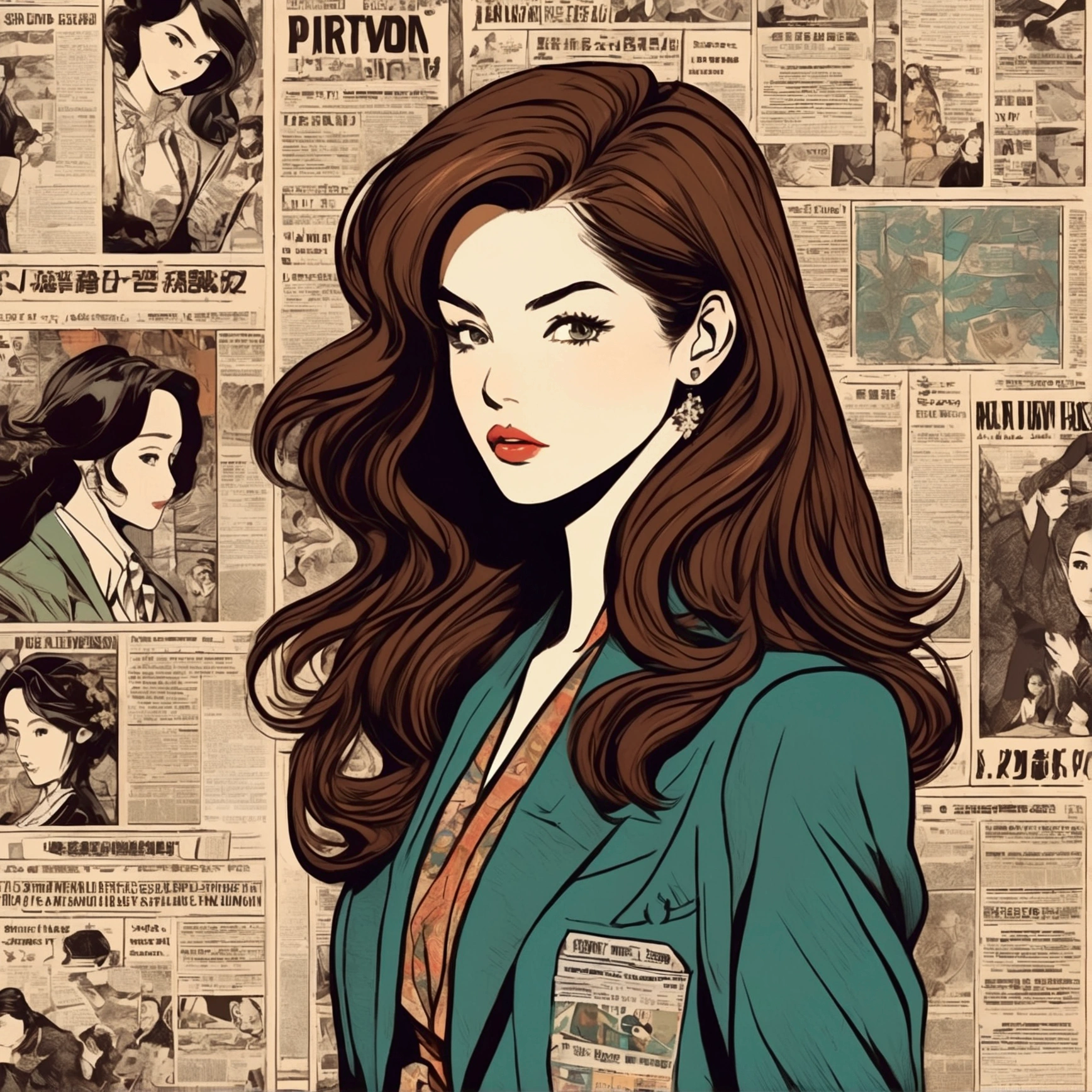 A beauty with long brown hair, beautiful face, female, cartoon illustration, close-up, wearing a retro trend suit jacket, the background is various newspapers and covers, retro grunge style, Japanese style