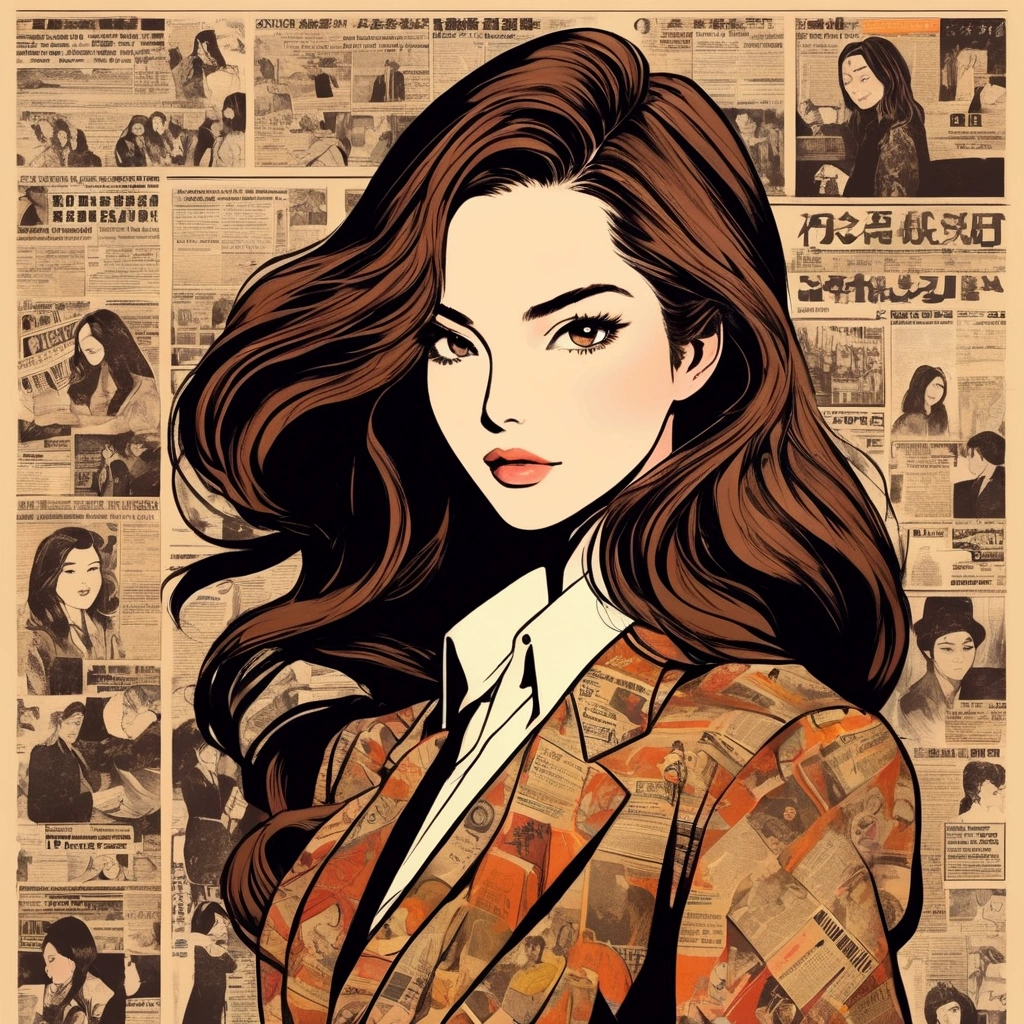 A beauty with long brown hair, beautiful face, female, cartoon illustration, close-up, wearing a retro trend suit jacket, the background is various newspapers and covers, retro grunge style, Japanese style