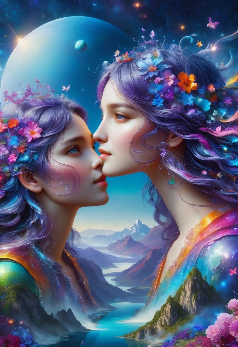 Imagine a vibrant future world, a scene filled with isoteric elements and multihued neons primarily in shades of purple and blue. Here, mountains and a tranquil lake dot the panorama. The sky's dome, vast and mysterious, hosts various planets, and radiant, ethereal sunbeams peek through the cosmic assembly. Amidst all this grandeur stands a couple engaged in a tender kiss. The lovers, are a testament to the undying human emotion in this out-of-the-world setting. It's surreal, it's futuristic, and it's breathtakingly beautiful，(Best quality，8k，high resolution，masterpiece:1.2)，Super detailed，(whole body:1.8), magazine photography，Popular on social platforms，((Dopamineism))，(((Dopamine color matching)))，Dopamine，(in the style of Y2K)，Luo Erchun，Three-dimensional ancient style，Oriental poetry and painting