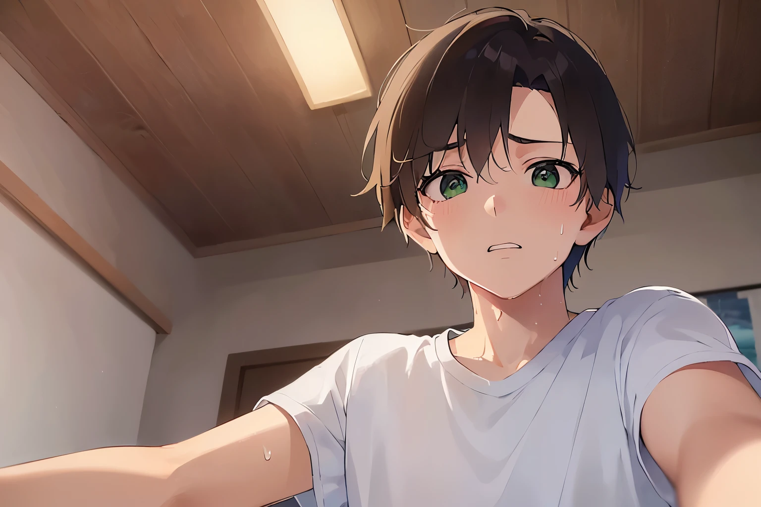 Shooting from below、(night:1.5), bedroom, shiny skin, masterpiece、Highest quality、(25-year-old male:1.5) and (Brown short hair) and (Green Eyes), BREAK (White T-shirt) BREAK、Are standing、(sweat:1.3)、surprised, (Alone:1.5)、Upper body is shown