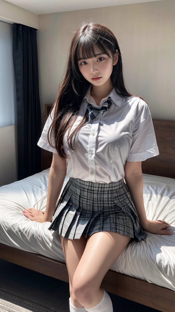 (8K, RAW Photos, Highest quality, masterpiece:1.2), (professional photography, full colors, studio-caliber color grading), (Gravure quality for high-end fashion magazines), BREAK,18 year old girl, (boyish:1.15), (mannish:1.1), Big Natural Color Lip, Plumpy body, (smooth skin:1.1), (huge :1.0), BREAK (school uniform:1.2), ((loose style, tucked out tops):1.2), (fusion of oversized white tunic and white collared-shirt with untucked:1.4), (short sleeve:1.3), (button-.4), (black and gray plaid pattern pleated mini skirt:1.2), (thigh skin:1.4), (socks:1.2), (loafers:1.1), BREAK hotel room