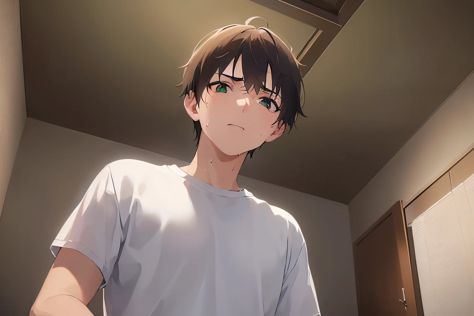 Shooting from below、(night:1.5), bedroom, shiny skin, masterpiece、Highest quality、(25-year-old male:1.5) and (Brown short hair) and (Green Eyes), BREAK (White T-shirt) BREAK、Are standing、(sweat:1.3)、surprised, (Alone:1.5)、Upper body is shown